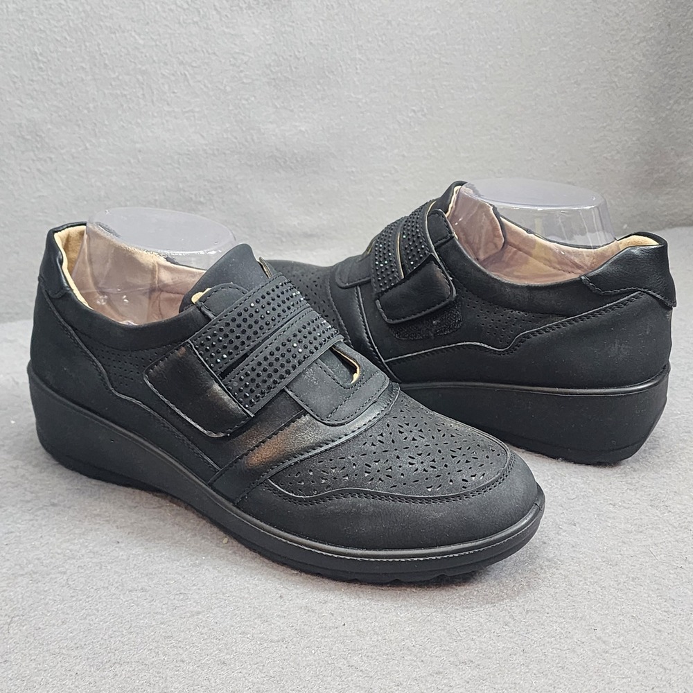 Bella Hanna Laura Wedge Sneakers Black‎ Rhinestone Strap Comfort Womens 8.5